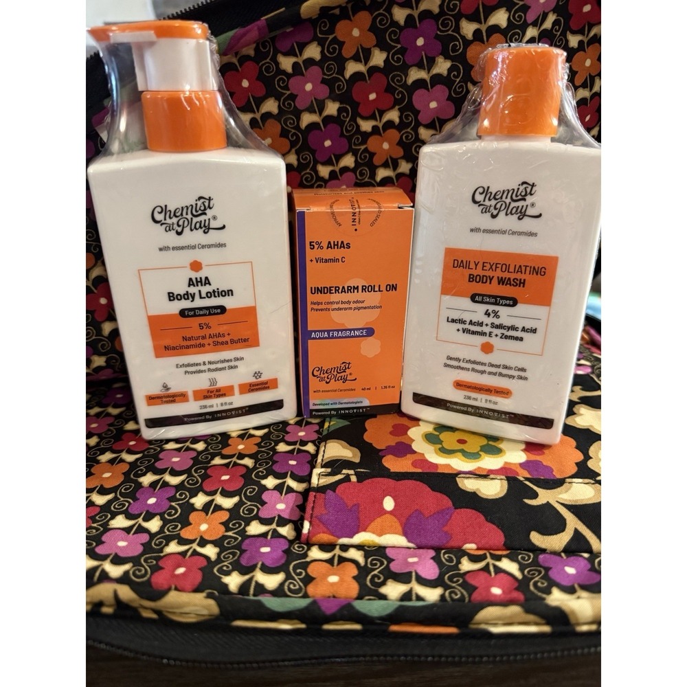 Chemist at Play Daily Set Exfoliating body wash, body lotion, and under arm roll